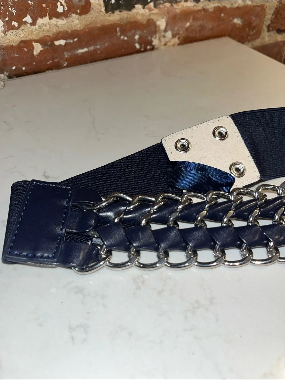 Women’s Navy Elastic Chain-Accent Belt